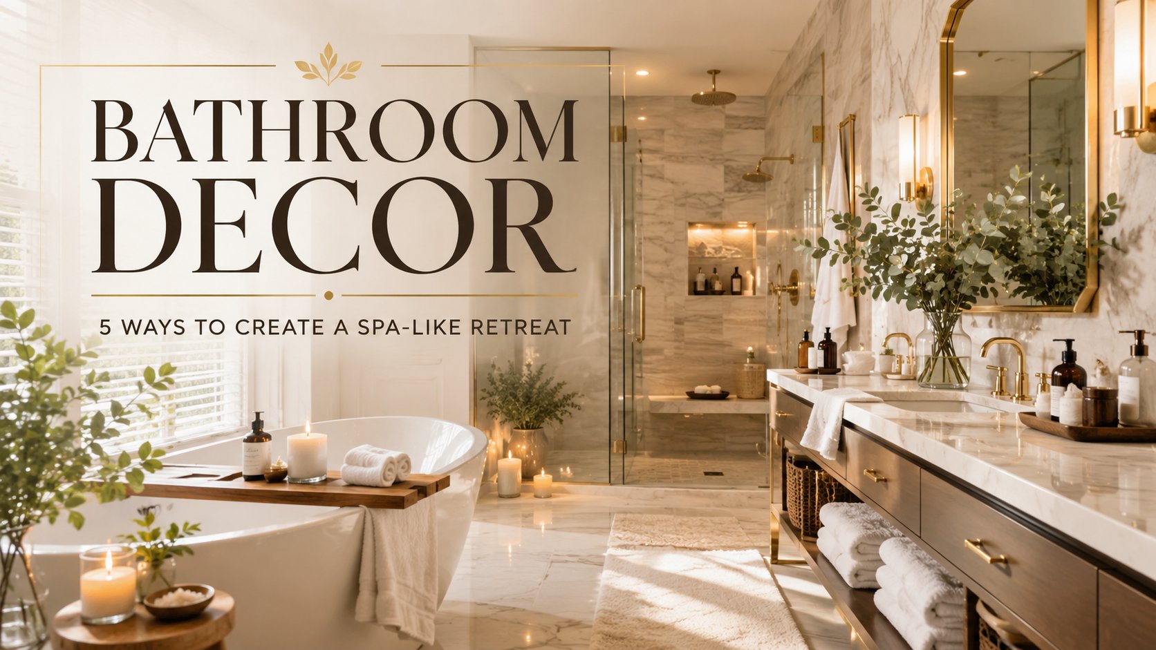 Luxury bathroom decor featuring a marble vanity, gold fixtures, spa-inspired accessories, soft lighting, and elegant bathroom decorating ideas for a relaxing home retreat.