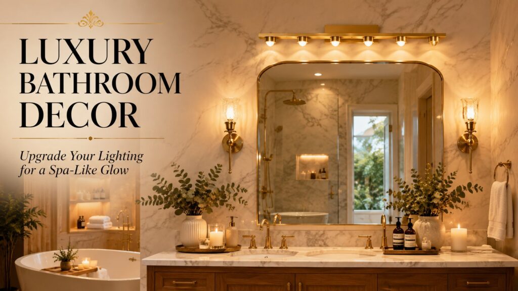 Luxury bathroom decor featuring gold vanity lighting, elegant wall sconces, marble finishes, and spa-inspired bathroom lighting ideas for a high-end bathroom makeover.