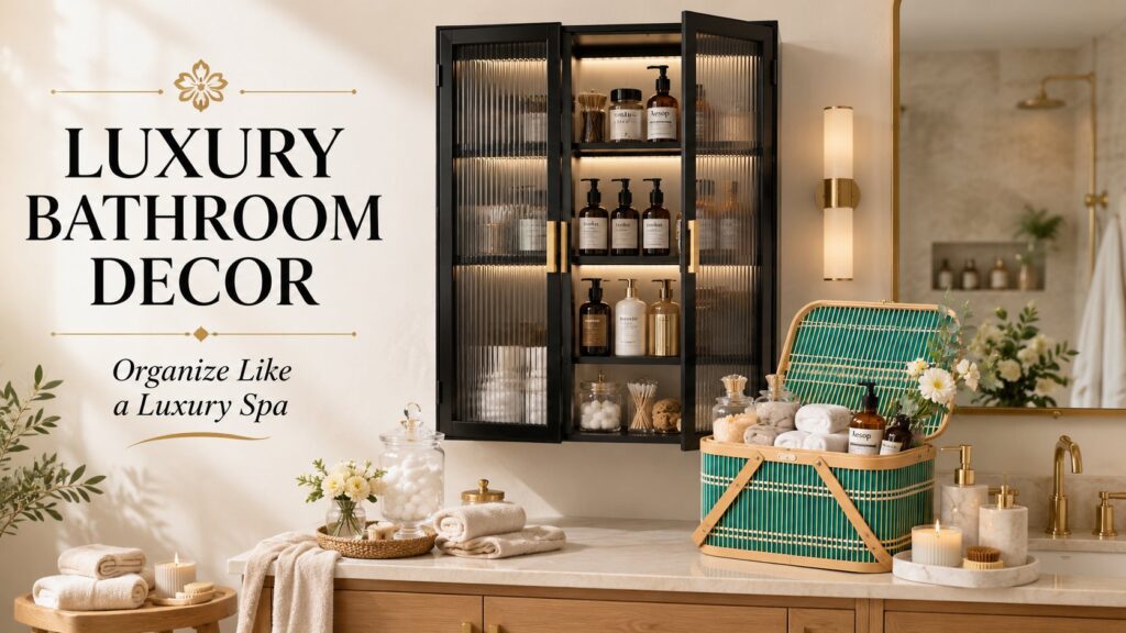 Luxury bathroom organization ideas featuring a black ribbed wall cabinet, decorative storage basket, organized skincare products, and spa-inspired bathroom storage solutions.