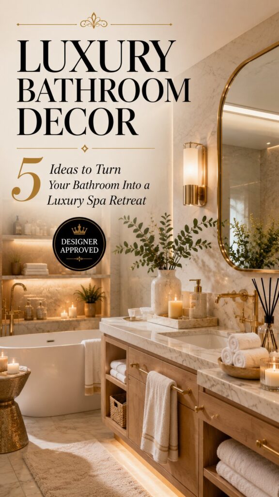 Luxury bathroom decor ideas featuring marble finishes, gold fixtures, spa-inspired accessories, plush towels, and elegant bathroom styling for a luxury spa retreat.