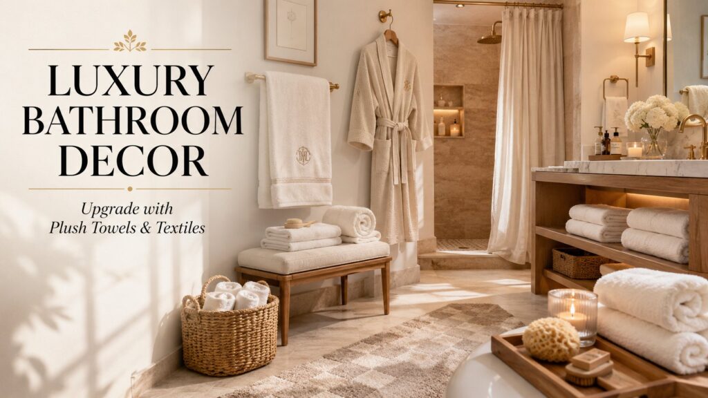 uxury bathroom decor featuring plush Turkish cotton towels, a waffle-weave bathrobe, soft bath mat, and hotel-inspired bathroom styling for a spa-like retreat.