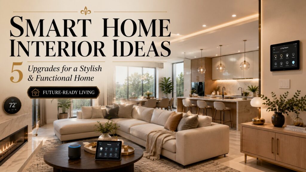 Modern smart home interior featuring automated lighting, smart home technology, luxury living room design, and stylish home automation ideas for contemporary living.