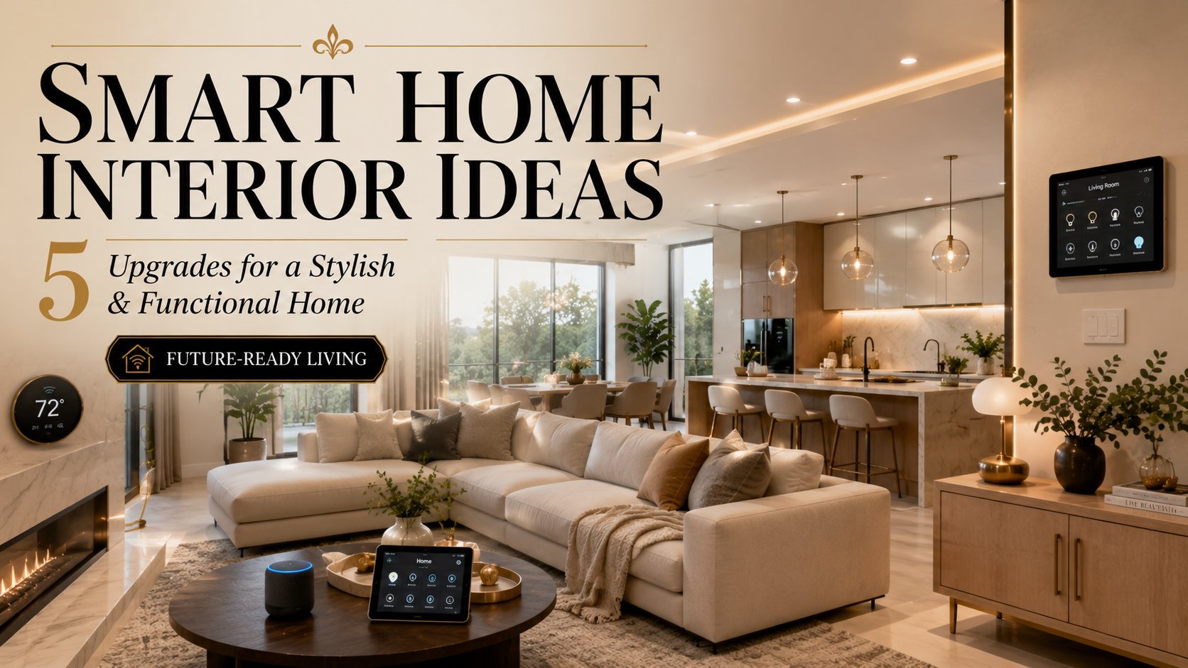 Modern smart home interior featuring automated lighting, smart home technology, luxury living room design, and stylish home automation ideas for contemporary living.
