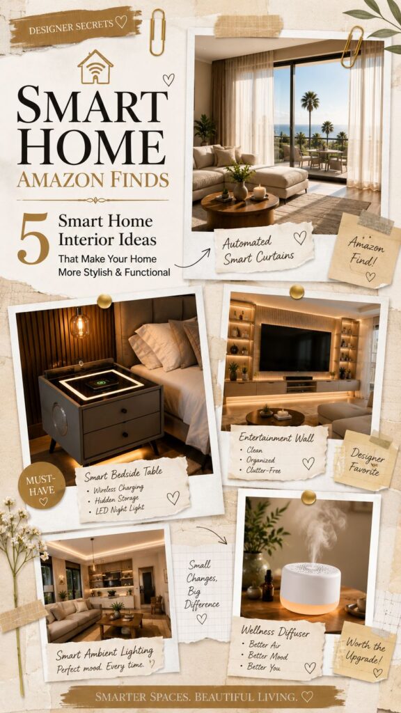 Smart home Amazon finds scrapbook-style Pinterest pin featuring automated curtains, smart bedside table, entertainment wall, ambient lighting, and wellness diffuser ideas for modern luxury homes.