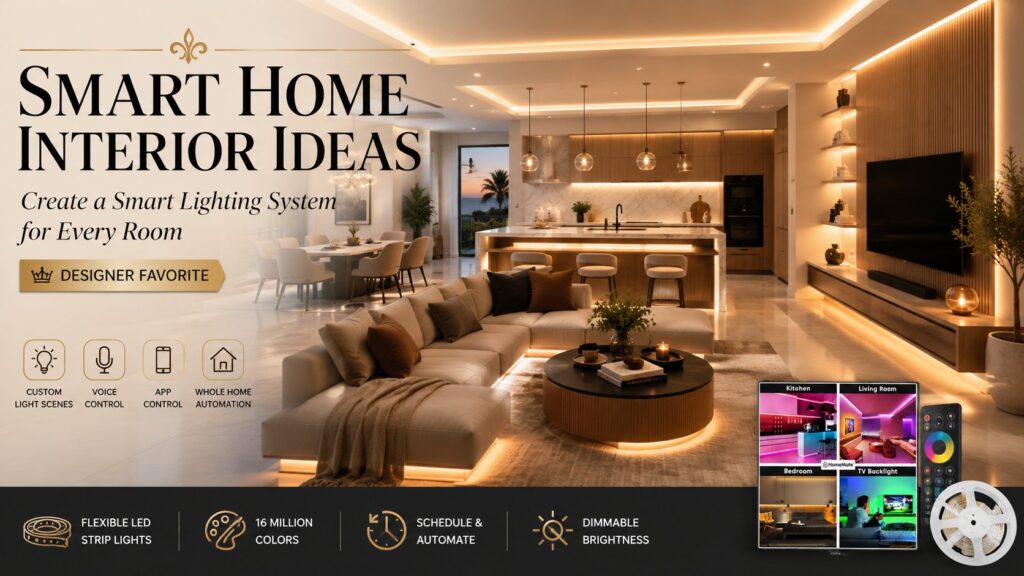 Luxury smart home interior featuring LED strip lighting, automated ambient lighting, modern living room design, and smart lighting ideas for a stylish home.