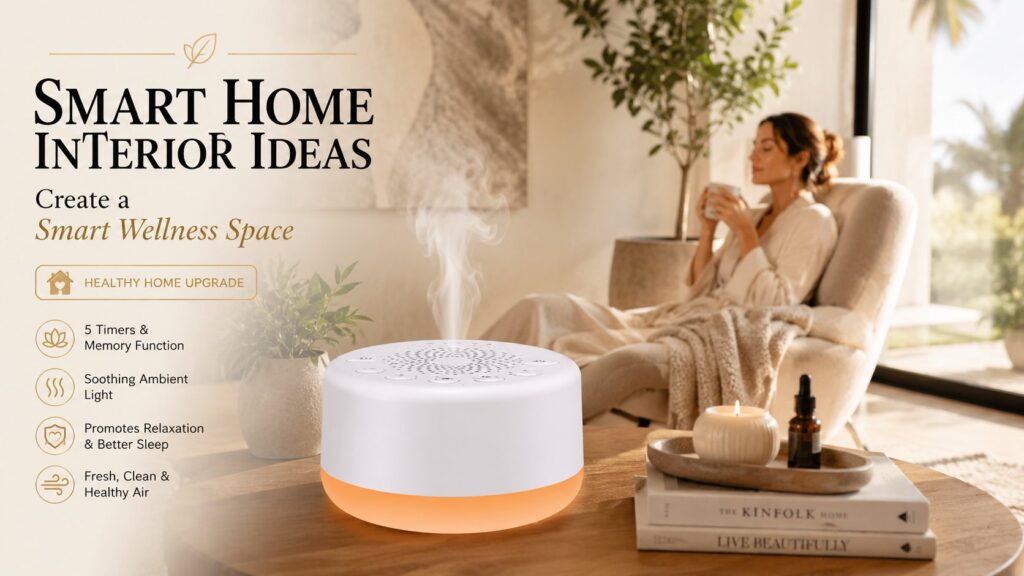 Luxury smart wellness space featuring a smart diffuser, calming ambient light, wellness decor, and modern home design for relaxation and better sleep.