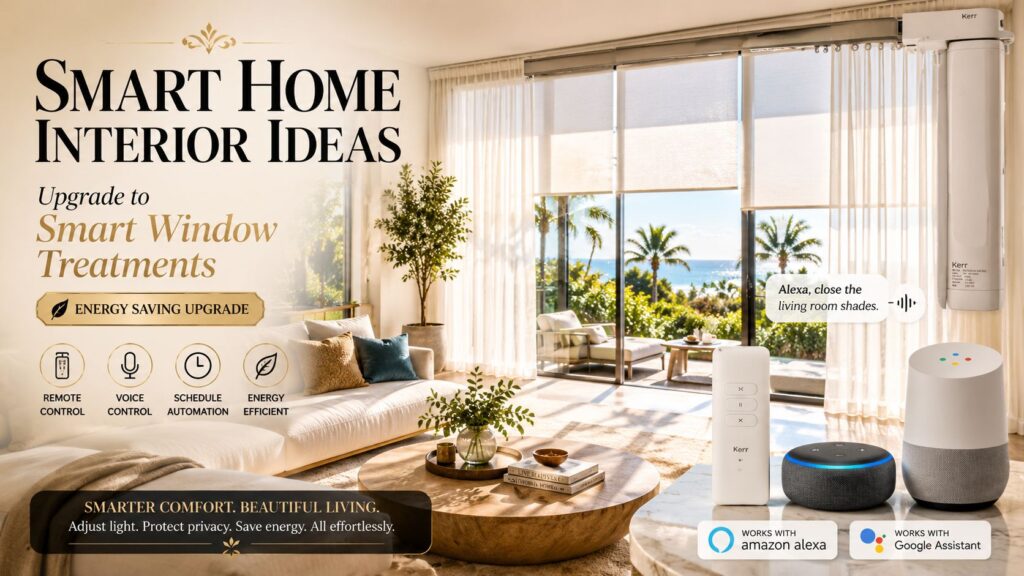 Luxury living room featuring smart window treatments, motorized blinds, automated curtains, and modern home automation for a bright and energy-efficient interior.