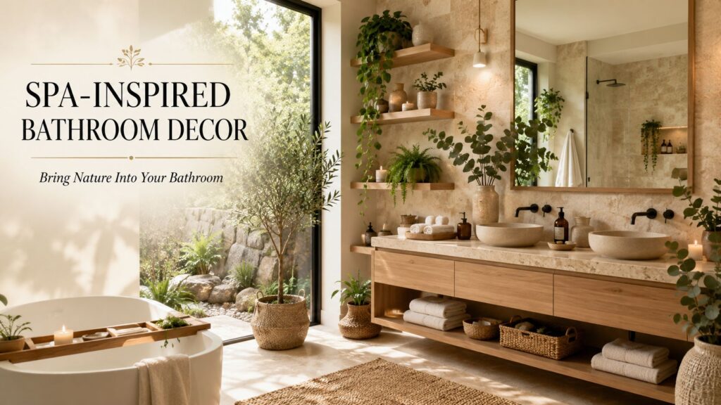 Spa-inspired bathroom decor featuring natural wood finishes, indoor plants, travertine textures, and organic styling ideas for a relaxing luxury bathroom retreat.