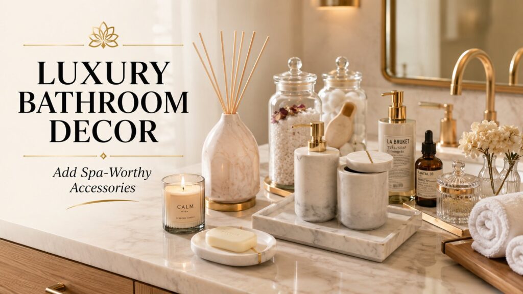 Luxury bathroom accessories including a marble soap dispenser set, decorative diffuser, scented candle, and spa-inspired vanity styling for elegant bathroom decor.