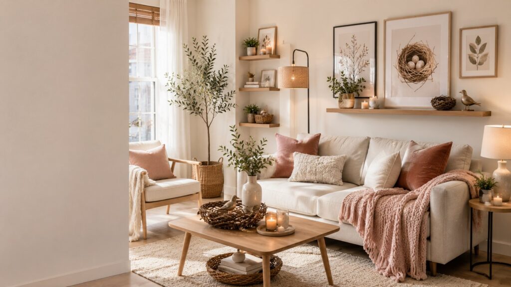 Affordable nest inspired home decor featuring woven baskets, cozy knit throws, bird-inspired decor, floating shelves, soft dusty rose accents, and budget-friendly Scandinavian living room design.