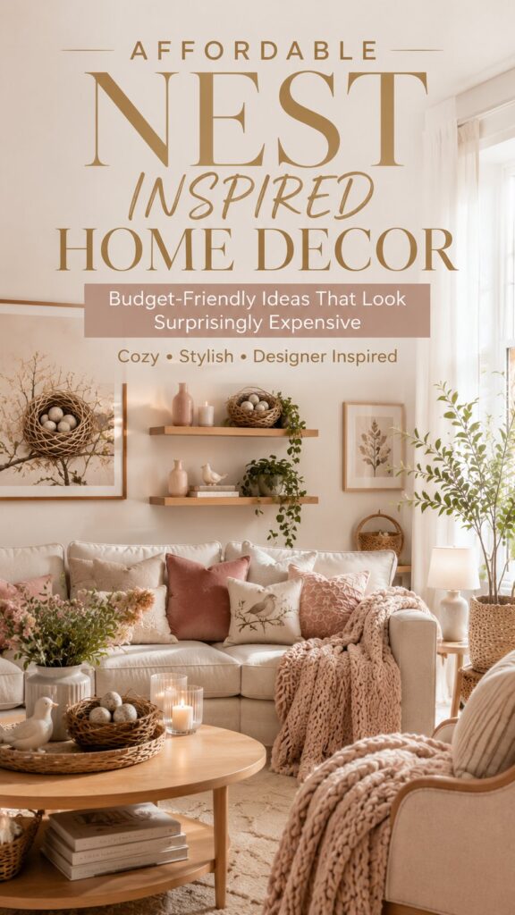 CREATE A HIGHLY CLICKABLE PINTEREST PIN FOR A LUXURY HOME DECOR BLOG
STYLE:
Luxury Pinterest Viral Pin
Architectural Digest aesthetic
Studio McGee inspired
House Beautiful editorial
Pinterest home decor trend style
Premium lifestyle magazine cover
VISUAL CONCEPT:
Create a stunning budget-friendly living room that looks unexpectedly luxurious and professionally designed.
The room should instantly communicate:
"This looks expensive."
"I can't believe it's budget-friendly."
"I need these ideas in my home."
Use:
Soft dusty rose accent pillows
Warm oatmeal-toned sofa
Light honey oak furniture
Chunky knit throw blanket
Woven baskets
Designer-inspired cushions
Floating wood shelves
Nest-inspired woven decor
Elegant bird sculptures
Decorative candles
Natural sunlight streaming through windows
Organic greenery
Subtle luxury styling
The room should feel:
Warm
Cozy
Sophisticated
Achievable
Pinterest-worthy
Aspirational yet realistic
COMPOSITION:
Pinterest vertical format
2:3 aspect ratio
1000 × 1500 pixels
Strong focal point
Magazine cover composition
Clean visual hierarchy
Luxury editorial styling
Ultra-sharp details
Leave generous negative space in the upper third for text overlay.
TEXT OVERLAY:
Use elegant champagne-gold serif typography paired with a modern minimalist sans-serif.
MAIN HEADLINE:
AFFORDABLE NEST INSPIRED HOME DECOR
SUBHEADLINE:
Budget-Friendly Ideas That Look Surprisingly Expensive
ACCENT TEXT:
Cozy • Stylish • Designer Inspired
TYPOGRAPHY STYLE:
Soft champagne gold
Luxury magazine aesthetic
Elegant spacing
Subtle shadow
Premium editorial layout
Highly readable on mobile
Sophisticated and refined
Not overly bold
EMOTIONAL TRIGGERS:
The pin should make viewers instantly think:
"I need this look."
"This doesn't look budget-friendly at all."
"I want to save this immediately."
"I have to see all the ideas."
LIGHTING:
Bright natural daylight
Warm inviting glow
Soft shadows
Airy atmosphere
Premium interior photography
QUALITY REQUIREMENTS:
Hyper-realistic
Ultra HD
8K quality
Pinterest viral potential
Professional interior photography
Luxury styling
High click-through rate
No clutter
No people
No logos
No watermarks
No AI artifacts
FINAL GOAL:
Create a Pinterest-stopping image that looks like a feature from Architectural Digest while showcasing affordable nest inspired home decor ideas that feel luxurious, cozy, and attainable for American homeowners.