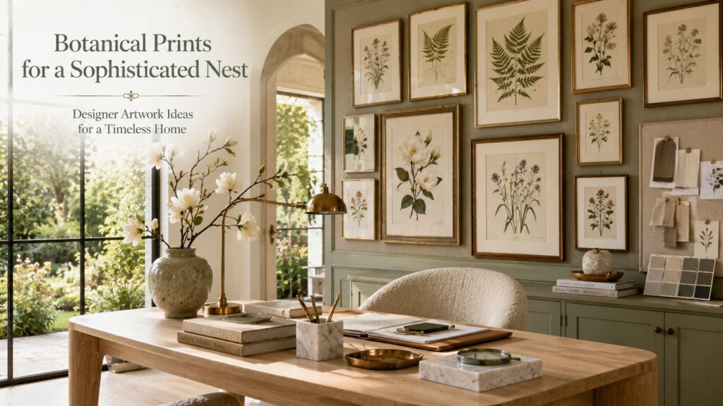 Botanical prints for a sophisticated nest featuring vintage botanical illustrations, antique brass frames, white oak desk, designer home office decor, and elegant flower home decor with a garden view.