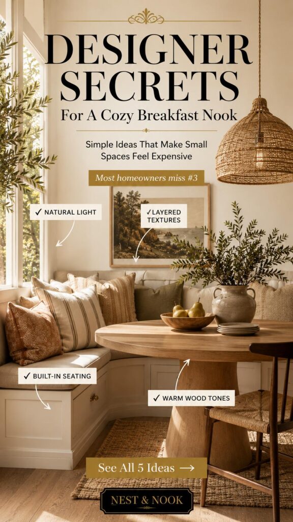 Cozy breakfast nook with built-in bench seating, layered cushions, warm wood table, natural light, and designer styling tips for small spaces.