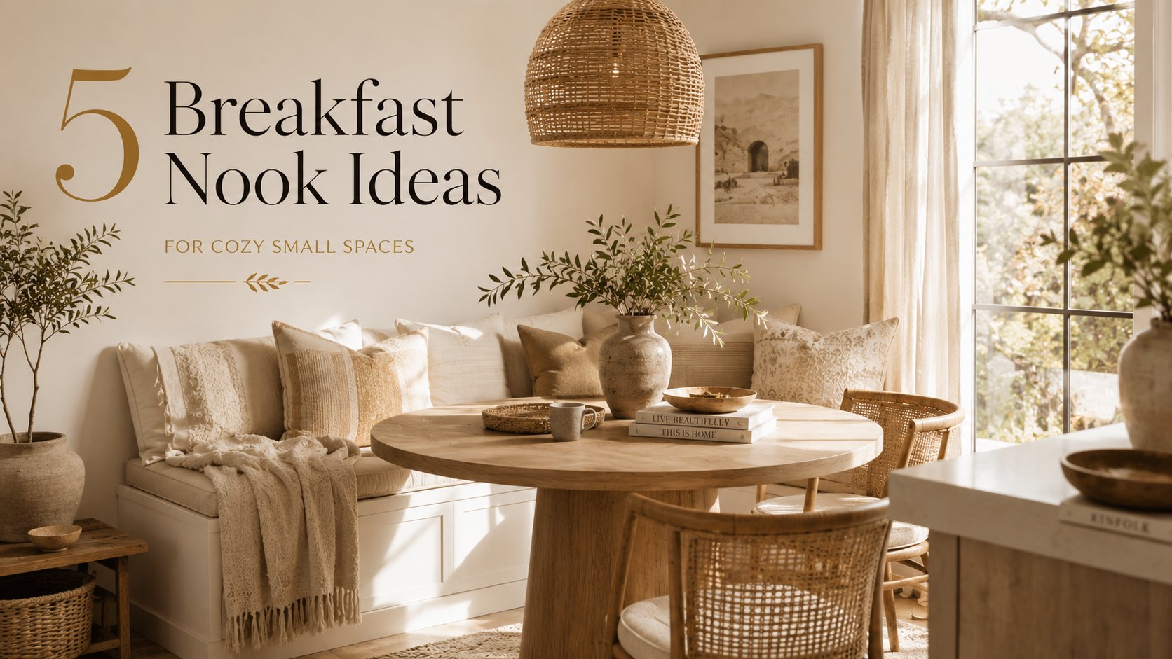 Luxury boho breakfast nook with built-in bench seating, round oak table, woven pendant light, and cozy small-space decor inspiration.