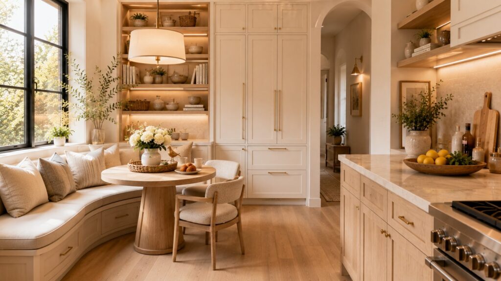 Luxury breakfast nook in a small kitchen featuring curved banquette seating, round white oak pedestal table, hidden storage, nest-inspired decor, natural sunlight, and modern organic home design.