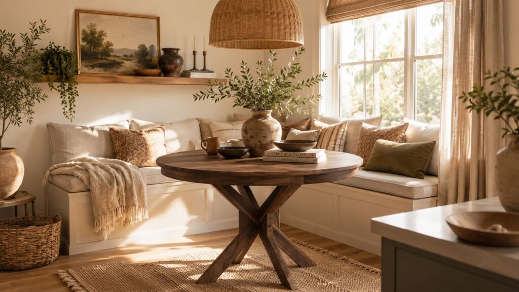 Luxury breakfast nook with built-in bench seating, round wood dining table, linen cushions, and warm boho home decor.