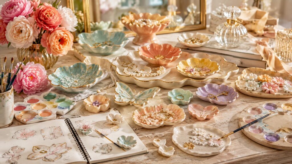 Decorative ceramic trinket dishes for everyday home decor featuring handcrafted floral dishes, gold-edged ceramic trays, pastel pottery, jewelry styling, and luxury artisan craftsmanship 