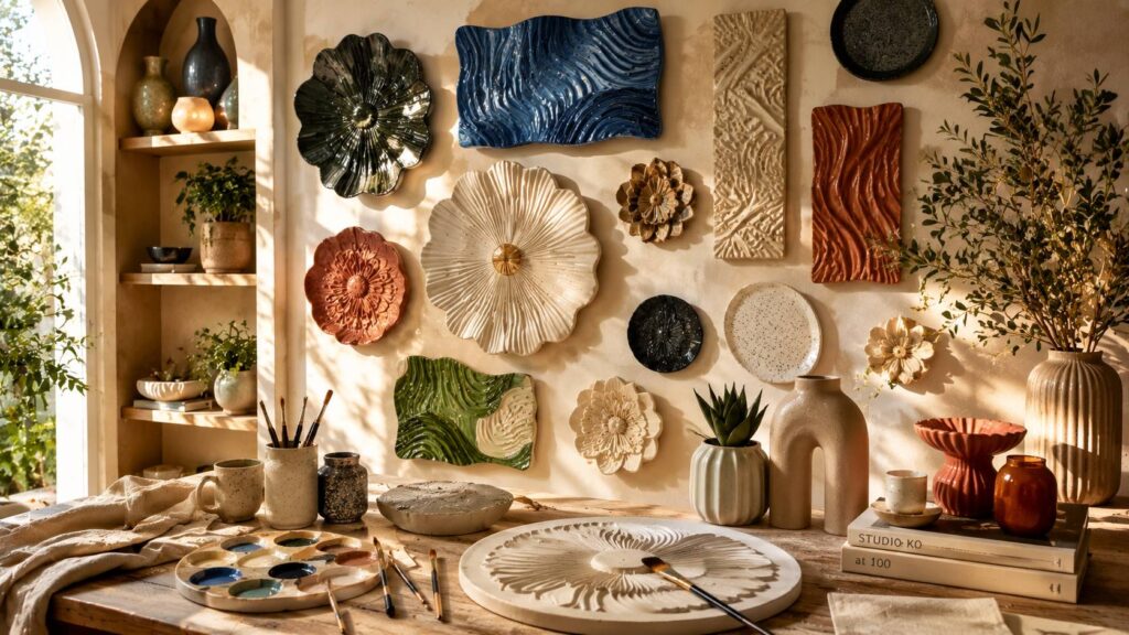 Ceramic wall art for home decor featuring handcrafted textured ceramic panels, sculptural floral wall pieces, artisan pottery artwork, and luxury interior styling with natural sunlight