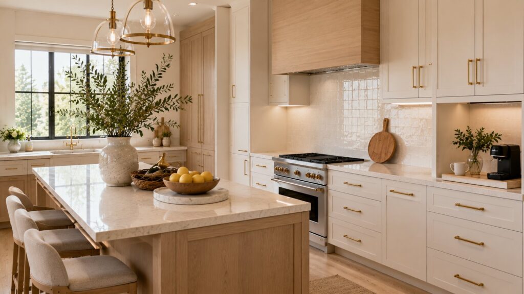 Luxury small kitchen with clutter-free countertops, minimalist styling, travertine island, warm ivory cabinetry, nest-inspired decor, and bright natural sunlight creating a calm and spacious atmosphere.