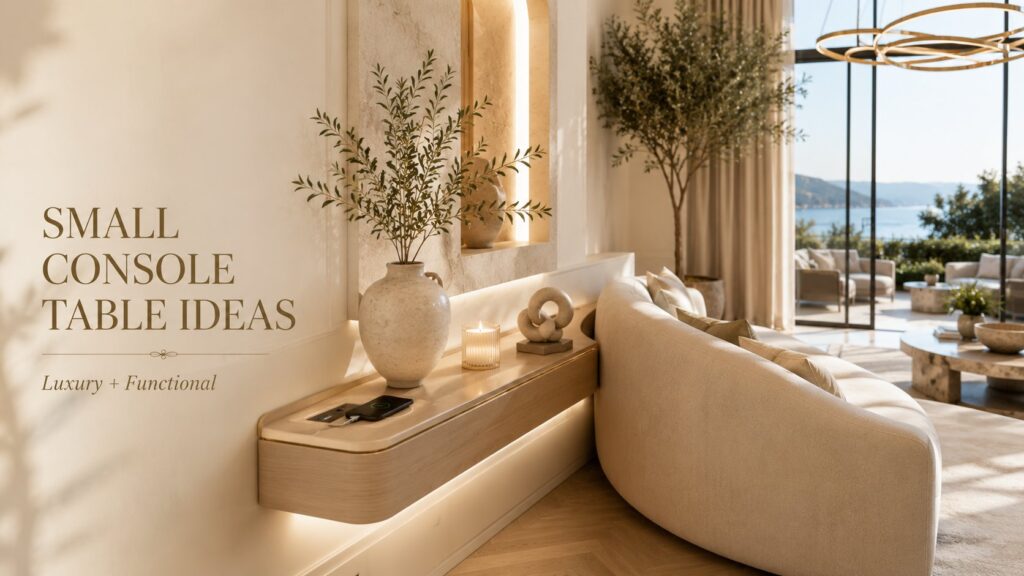 Luxury multifunctional console table behind a curved sofa with built-in charging station, hidden cable management, ambient lighting, and modern California-inspired home decor.