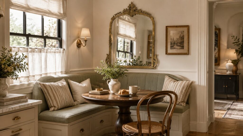 Corner breakfast nook with an ornate vintage mirror, curved banquette seating, striped cushions, walnut pedestal table, and quiet luxury decor.