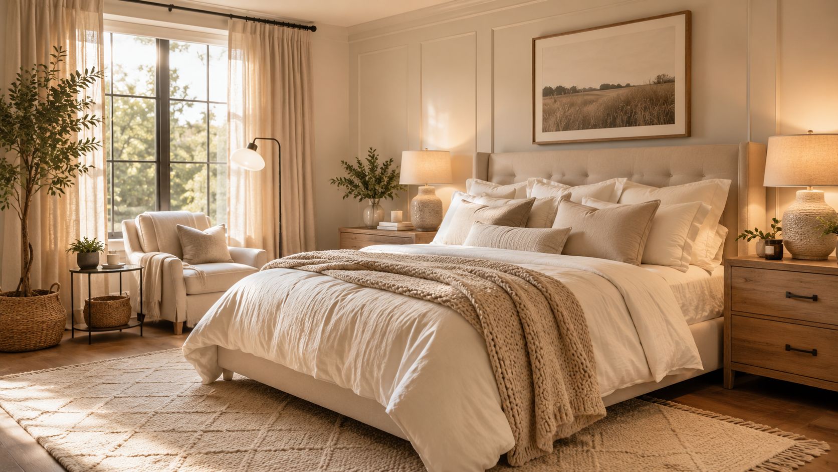 Cozy bedroom ideas featuring layered bedding, warm lighting, luxury home decor, natural textures, and modern bedroom design inspiration.