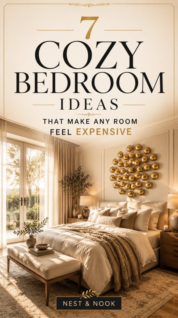 Luxury cozy bedroom with layered bedding, statement wall decor, warm lighting, and designer home decor inspiration.