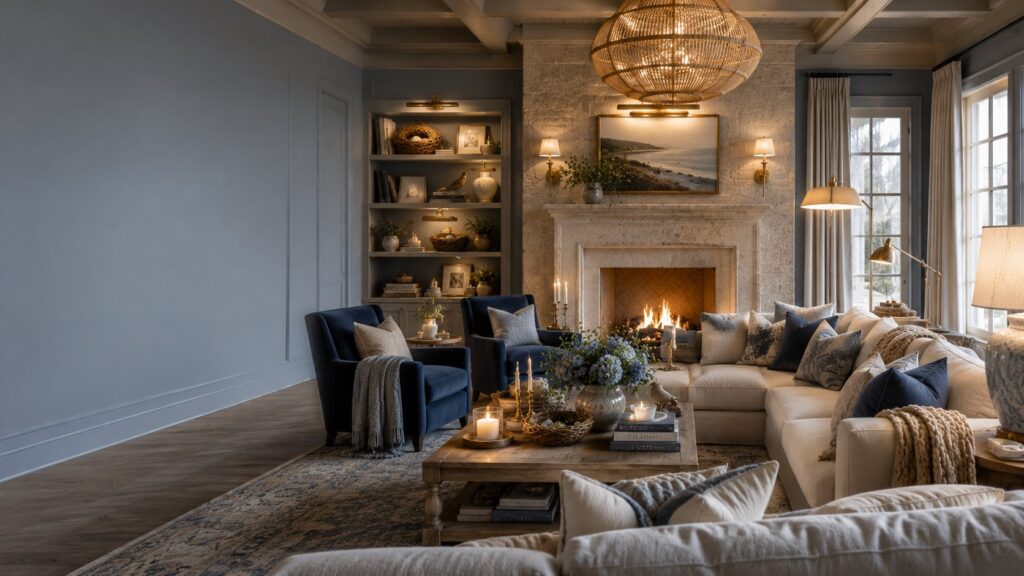 Cozy living room nest with layered home decor featuring navy accent chairs, limestone fireplace, woven bird nest decor, layered lighting, and luxury coastal interior design