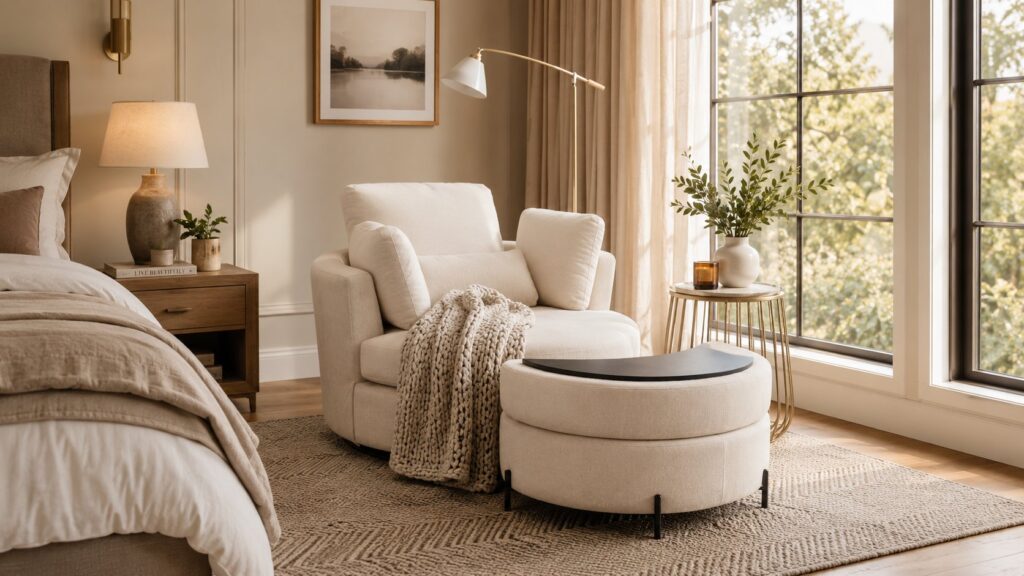 Luxury bedroom reading nook with a cream accent chair, ottoman, warm lighting, textured rug, and cozy home decor styling.