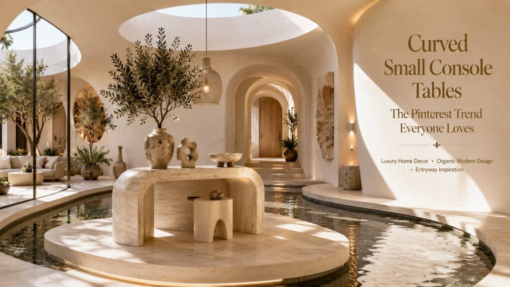 Curved small console table in a luxury organic-modern courtyard lounge featuring sculptural architecture, reflective water feature, travertine finishes, and Pinterest-inspired home decor.