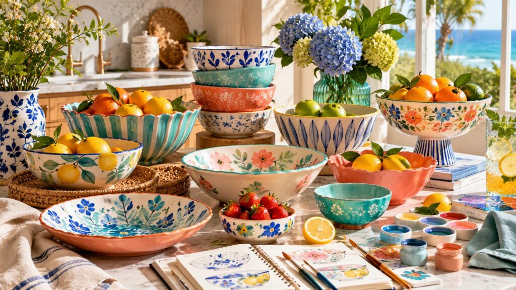 Decorative ceramic bowls for home decor featuring colorful hand-painted pottery, floral and citrus patterns, artisan serving bowls, fresh fruit styling, and luxury kitchen decor inspiration