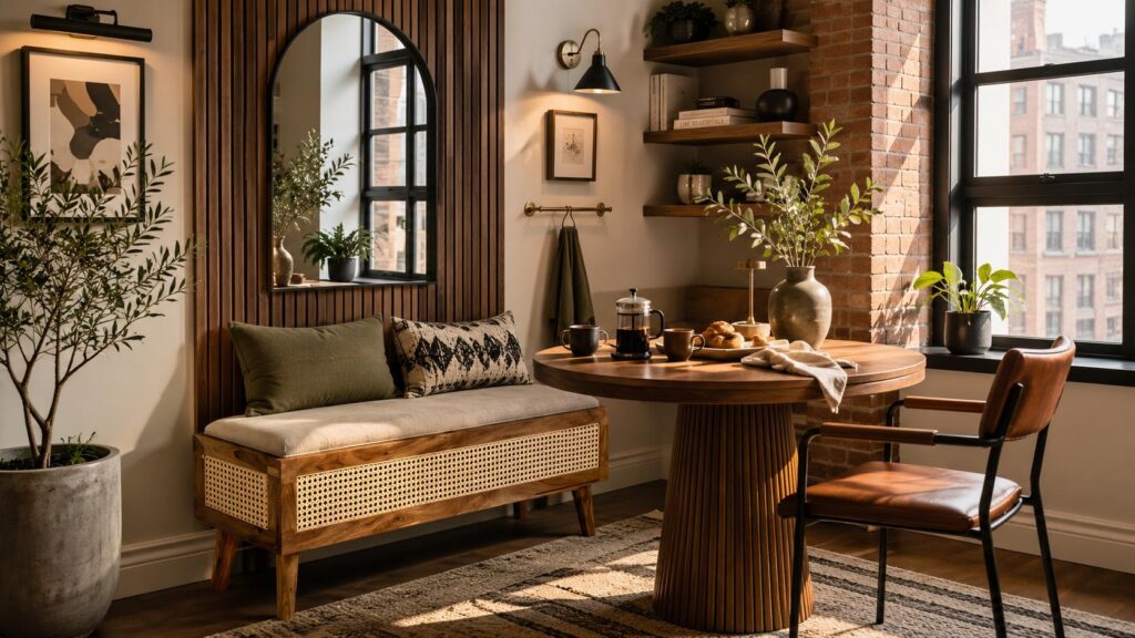 DIY breakfast nook for small spaces featuring a cane bench, round dining table, floating shelves, and modern organic loft decor.