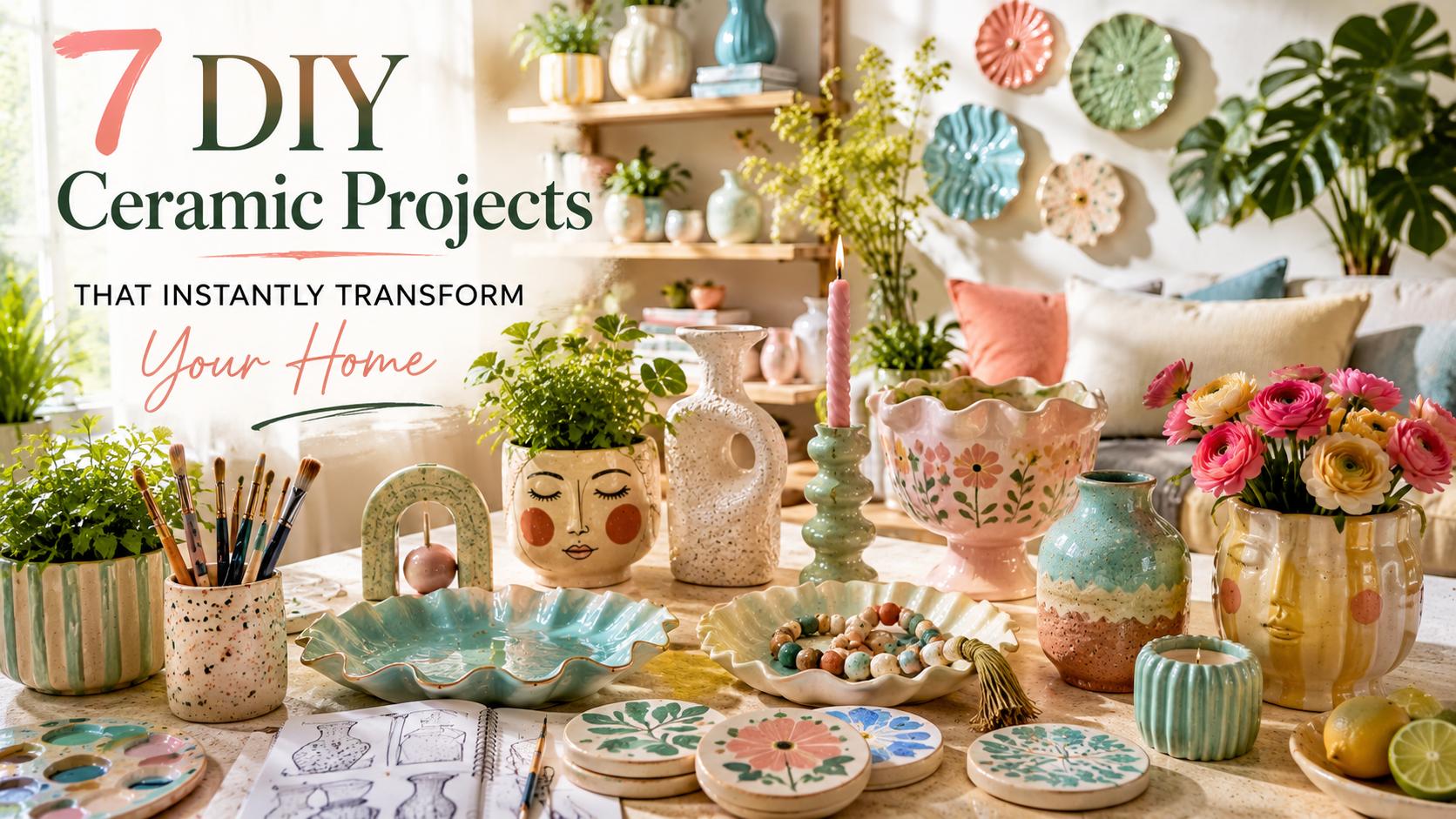 DIY ceramic projects for home decor featuring colorful handmade pottery, decorative planters, floral ceramic bowls, sculptural vases, and creative artisan home accessories in a luxury interior