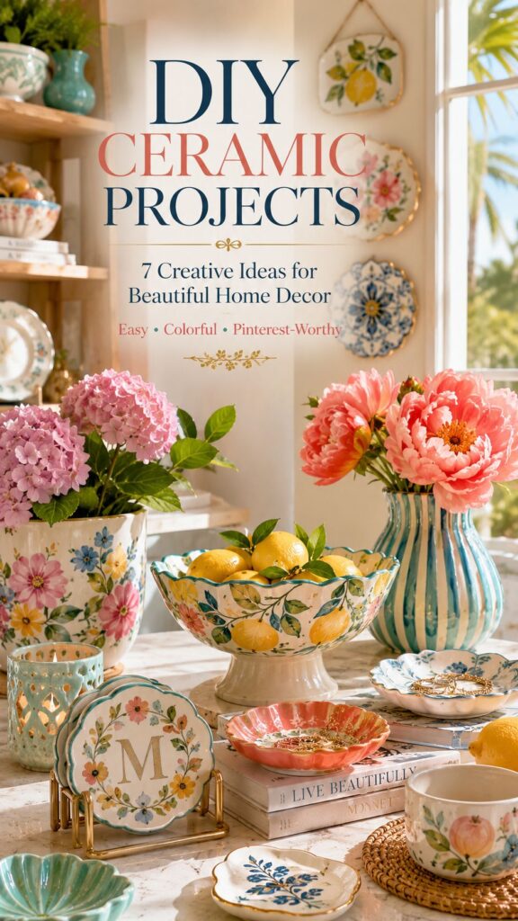 DIY ceramic projects Pinterest pin featuring hand-painted ceramic planters, colorful artisan bowls, decorative coasters, sculptural vases, floral pottery, and luxury home decor inspiration