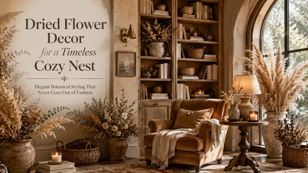 Dried flower decor in a timeless cozy nest featuring pampas grass, preserved hydrangeas, ceramic vessels, custom bookshelves, velvet reading chair, and luxury botanical home decor in a sunlit reading nook.