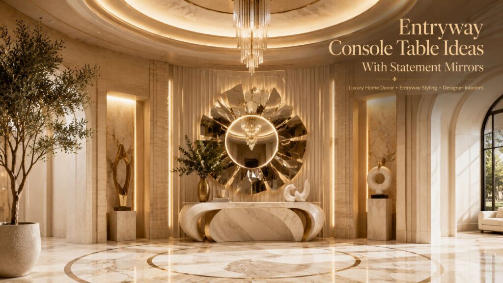 Luxury entryway featuring a sculptural statement mirror, curved marble console table, grand rotunda architecture, and elegant designer home decor.