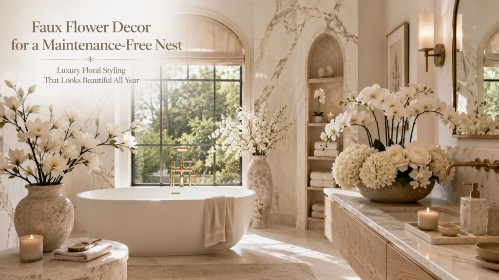 Faux flower decor for a maintenance-free nest featuring white orchids, hydrangeas, magnolia stems, luxury marble bathroom, freestanding soaking tub, and elegant flower home decor in a spa-inspired retreat.