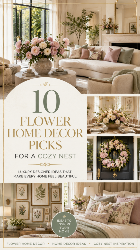 Pinterest pin featuring 10 flower home decor picks for a cozy nest, showcasing luxury floral arrangements, designer dining centerpieces, floral wreaths, botanical wall art, and elegant bedroom textiles in a premium magazine-style collage.