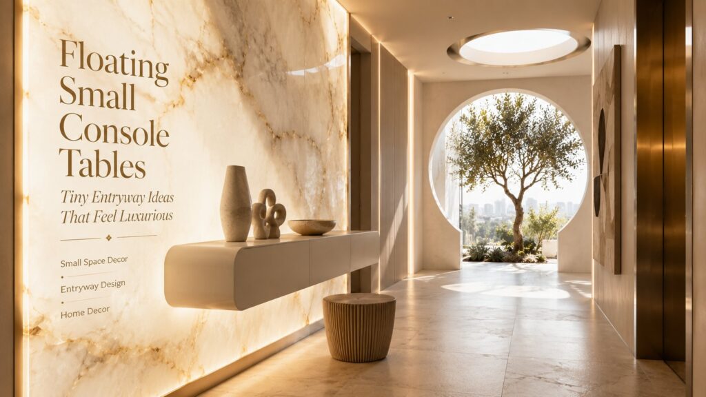 Floating small console table in a luxury modern penthouse entryway featuring an illuminated onyx wall, sculptural decor, circular architectural opening, and contemporary home decor design.
Image Title