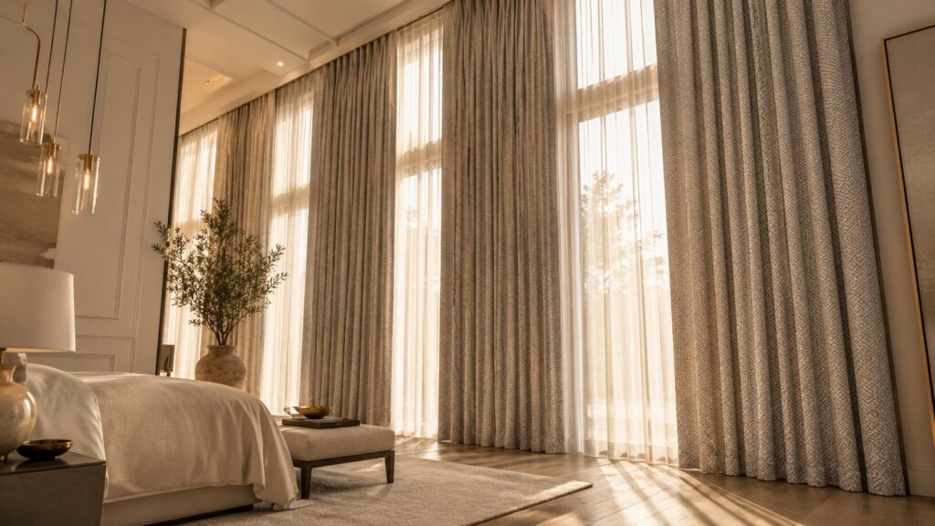 Luxury bedroom with floor-to-ceiling curtains, elegant home decor, natural sunlight, and designer bedroom inspiration.