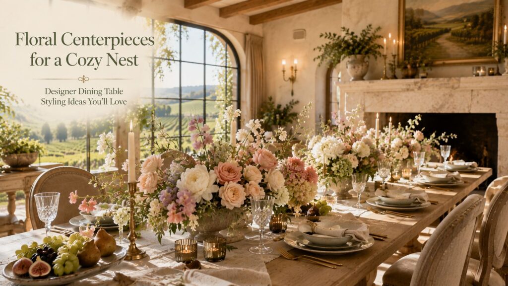 Luxury floral centerpieces for a cozy nest featuring garden roses, peonies, hydrangeas, crystal stemware, antique brass candlesticks, and elegant dining room decor in a sunlit Napa Valley-inspired home.