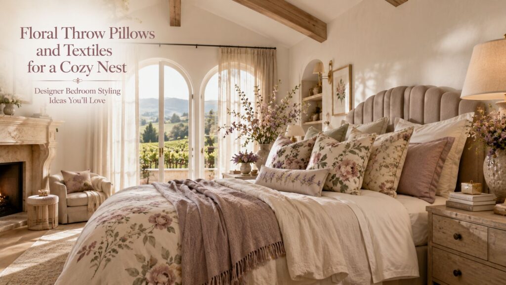 Floral throw pillows and textiles for a cozy nest featuring embroidered botanical cushions, luxury bedding, linen throws, upholstered headboard, and elegant bedroom decor in a sunlit designer retreat.