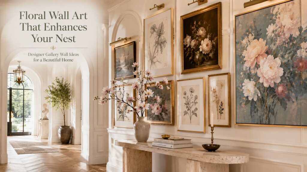 Luxury floral wall art gallery in a cozy nest featuring botanical paintings, pressed flower artwork, antique brass frames, white oak chevron flooring, and elegant designer home decor in a sunlit hallway.