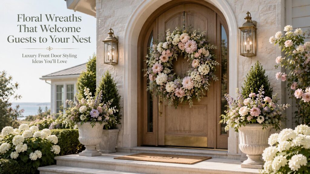 Luxury floral wreath on an arched oak front door featuring roses, peonies, hydrangeas, eucalyptus, stone planters, and elegant entryway decor that welcomes guests to a cozy nest.