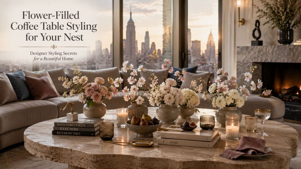 Flower-filled coffee table styling in a luxury designer nest featuring blush roses, white ranunculus, travertine coffee table, designer books, candles, and elegant home decor overlooking a city skyline.