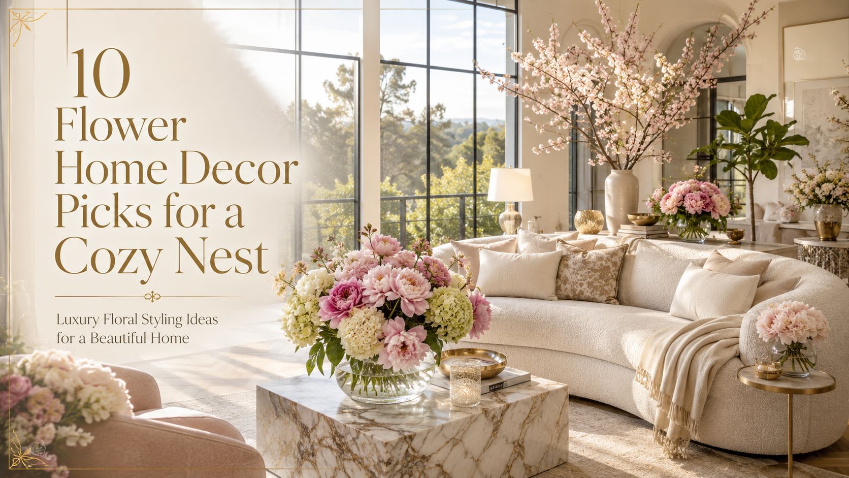Luxury flower home decor in a cozy nest featuring oversized peony and hydrangea arrangements, curved ivory sofa, marble coffee table, and sunlit designer living room with elegant spring home decor.