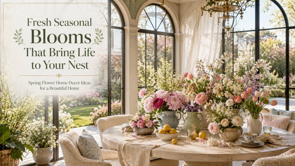 Fresh seasonal blooms in a luxury breakfast nook featuring peonies, tulips, hydrangeas, ceramic vases, travertine table, and elegant flower home decor creating a cozy spring nest.