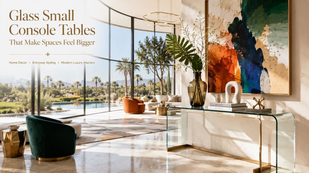 Glass small console table in a luxury sunroom with curved glass walls, modern artwork, designer furniture, and bright contemporary home decor that makes spaces feel bigger.
Image Title