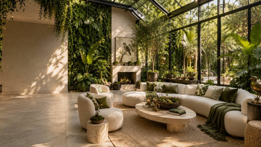Green home decor in a luxury nest-inspired living room featuring indoor olive trees, living plant wall, monstera plants, bird decor, natural materials, and biophilic interior design