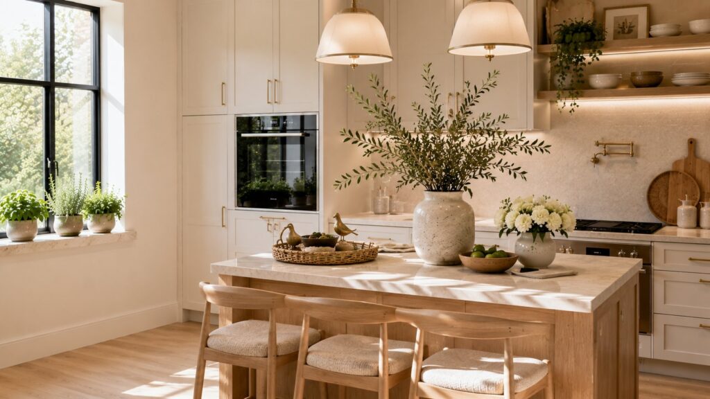 Modern organic luxury kitchen with olive branches, herb planters, fresh flowers, nest-inspired decor, white oak cabinetry, and bright natural sunlight creating a fresh and sophisticated atmosphere.